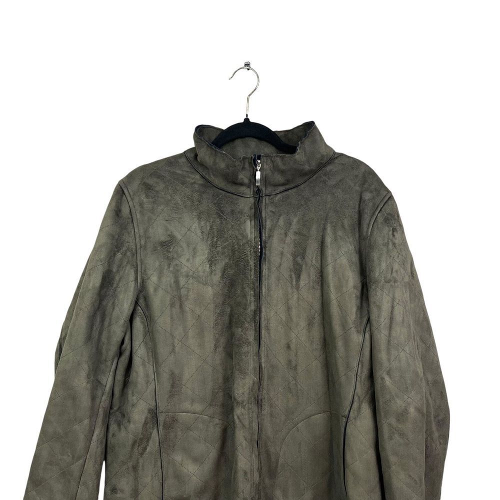 Susan Graver Women Faux Suede Jacket Quilted Stand Collar Zip Pockets Green L*